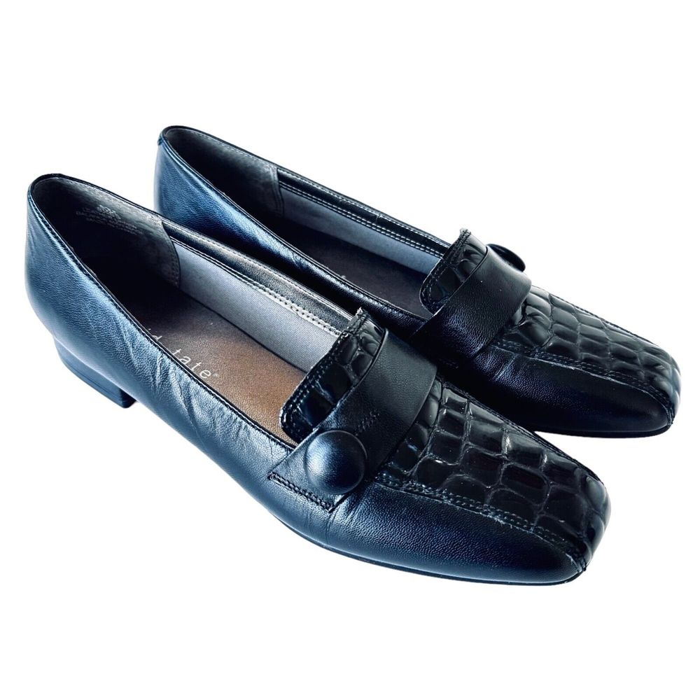 DAVID TATE Black Croc Embossed Leather Slip-On Flat Loafers Sz 8.5 SS (S…